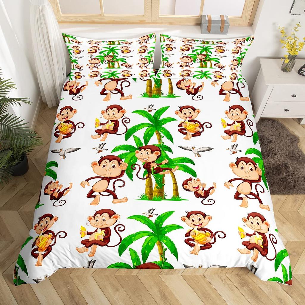 Комплект постельного белья с милой обезьянкой, двойной, с рисунком банана, звезд, пододеяльник с изображением тропических диких животных и фруктов, желтый пододеяльник
