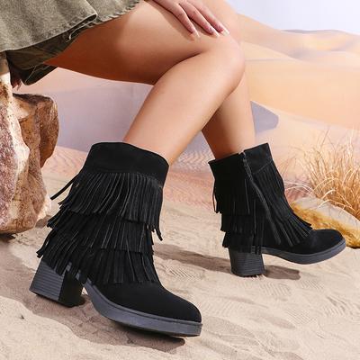 Женские дизайнерские ковбойские сапоги с кисточками 2024 года, модные ботильоны с боковой молнией на толстом каблуке, женские ретро-ботинки из искусственной замши в стиле вестерн