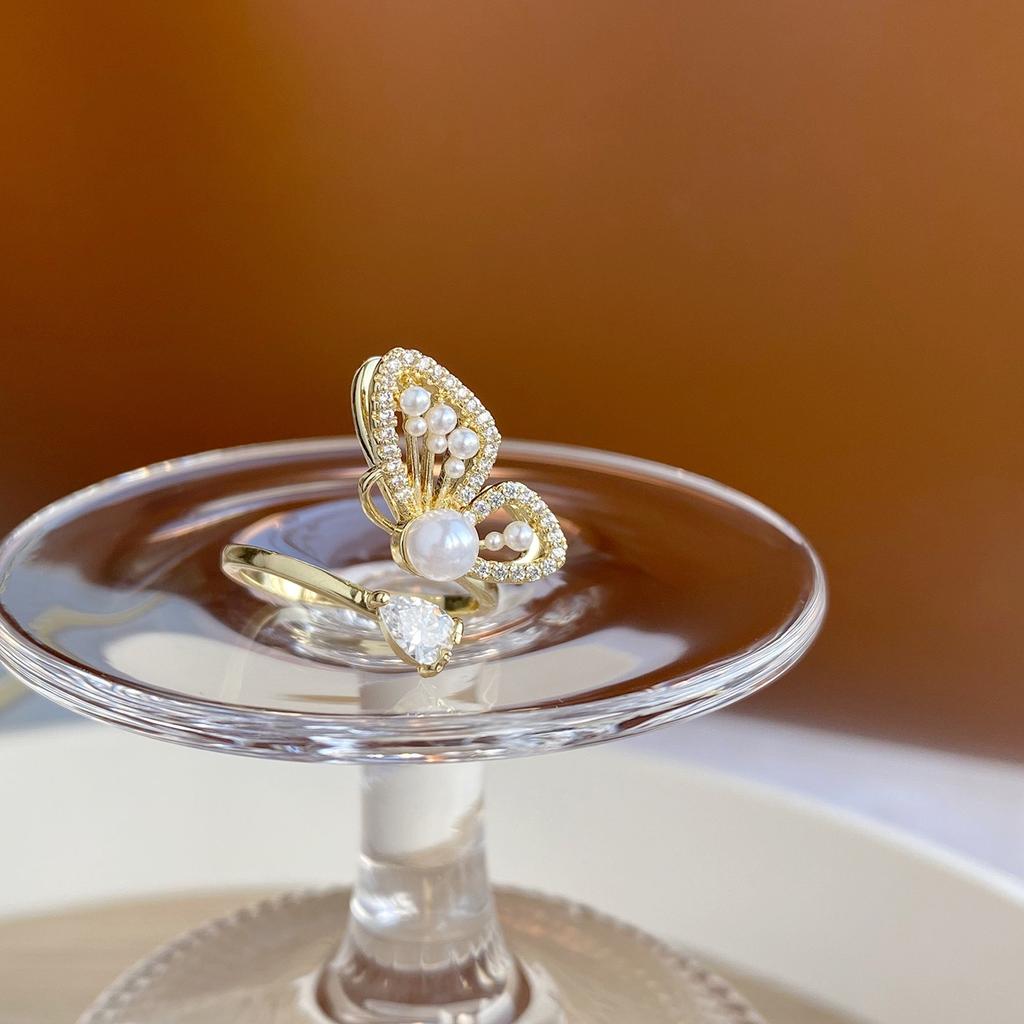 Корейская мода ювелирные изделия 14 карат настоящее золото AAA циркон жемчуг бабочка кольцо элегантное открывающееся регулируемое женское подарок на день рождения кольцо