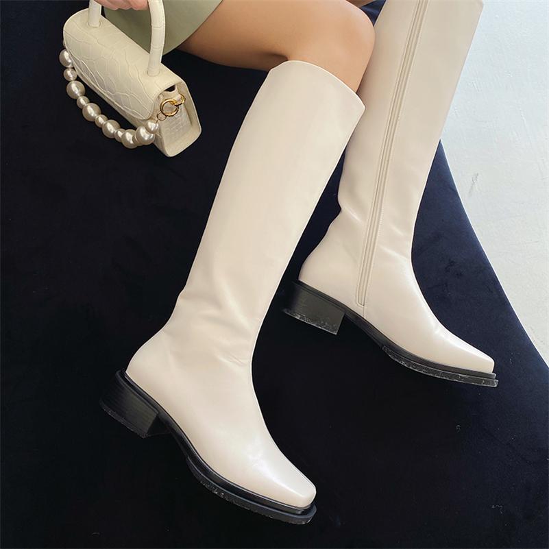 Meotina Женские сапоги до колена из натуральной кожи, высокие сапоги на плоской подошве с квадратным носком и молнией, женская модная обувь, осень-зима, серого, бежевого цвета