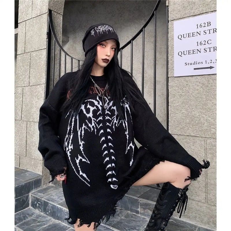 Готический вязаный свитер оверсайз, женский уличный свитер в стиле гранж, черный пуловер с графическим рисунком, готический серый топ с длинными рукавами Y2k, зима