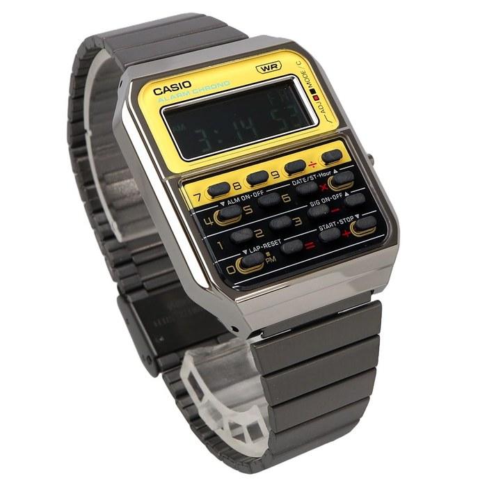 Casio CA-500WEGG-9B Наследие Цифровые часы, 8-значный калькулятор, Металлический ремешок, Оружейный металл x Желтый