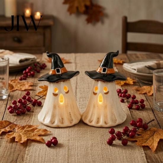 Warm Light Glow Spooky Accents Witch Hat Ghost Tealight Candle Holder, Vintage Resin Halloween Tabletop Decor Decorations with for Farmhouse