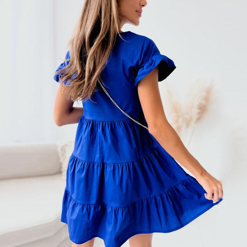 Женское мини-платье с коротким рукавом и круглым вырезом, однотонное повседневное платье, свободные плиссированные платья трапециевидной формы с вышивкой