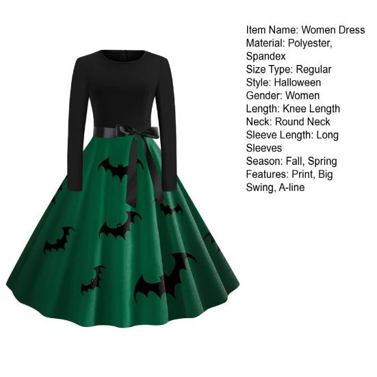 Женское платье на Хэллоуин 1950-х годов Ретро-трапеция с большими качелями и длинными рукавами Винтажное платье-качели с принтом летучей мыши и тыквы Коктейльный костюм для выпускного вечера