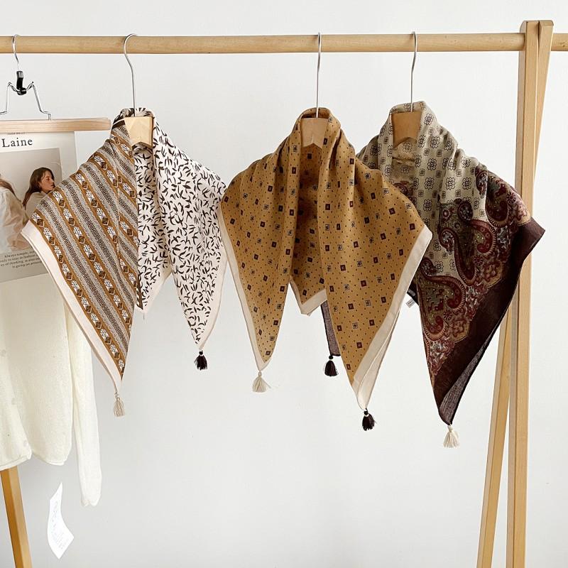 Vintage Brown Herringbone Square Scarf Women With Tassel Pendant Print Fashion Accessory Lightweight Wrap