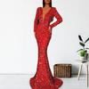 Women Evening Dress Sequin Deep V Neck Long Sleeves Slim Fit Fishtail Hem Sequin Floor Length Sheath Back Zipper Closure Maxi Dress