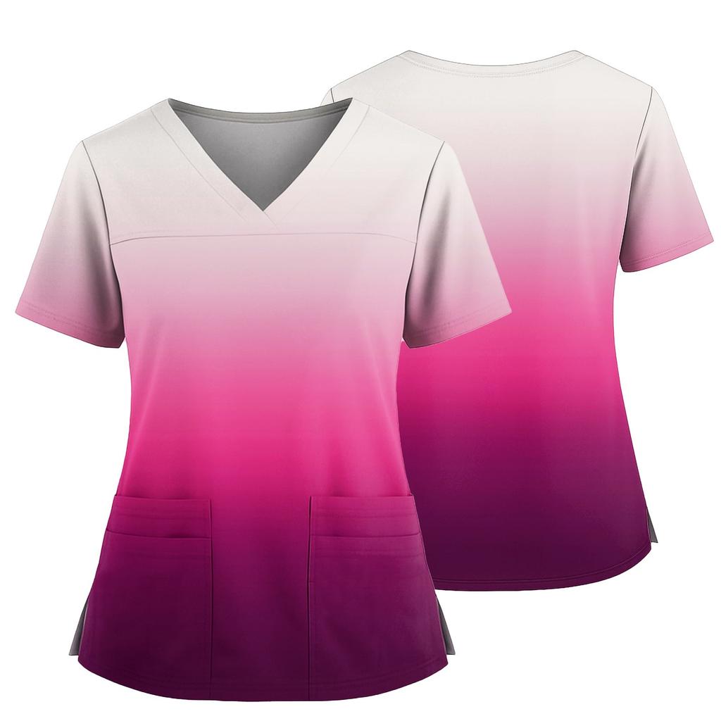 Women's Casual Printed V-Neck Pocket Side Slit Short Sleeved Top Short Sleeved Top