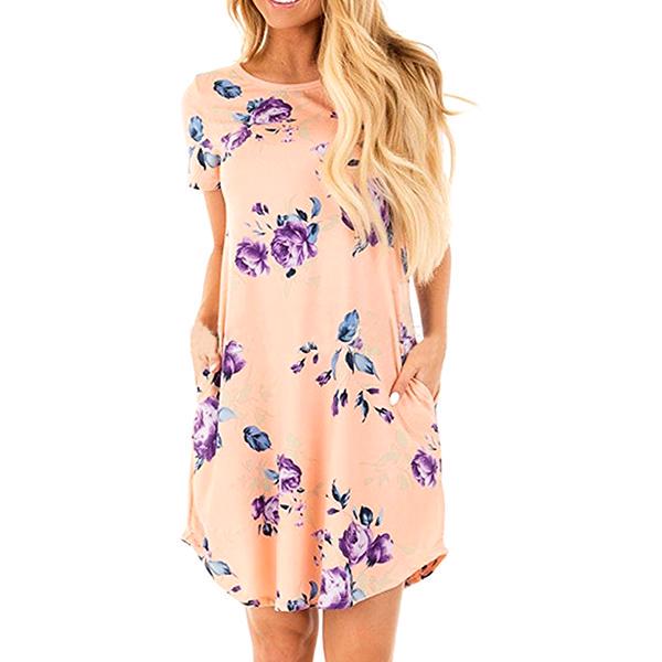 QICED Женское модное короткое летнее платье с цветочным принтом, свободные повседневные платья с коротким рукавом и круглым вырезом