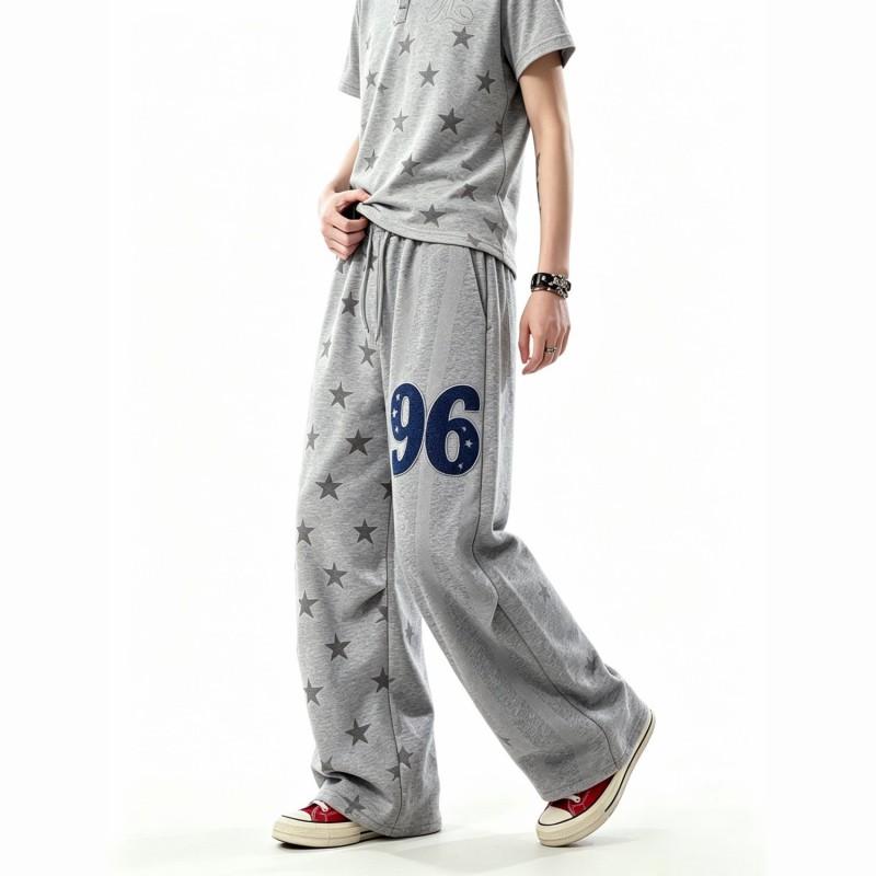 Unisex Retro Star Embroidery Patchwork Striped Loose Wide Leg Sweatpants Casual Pants