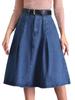 Allegra K Women's High-Waisted A-Line Denim Flare Skirt with Pockets, Classic Midi Skirt, Belted, Blue, Size M
