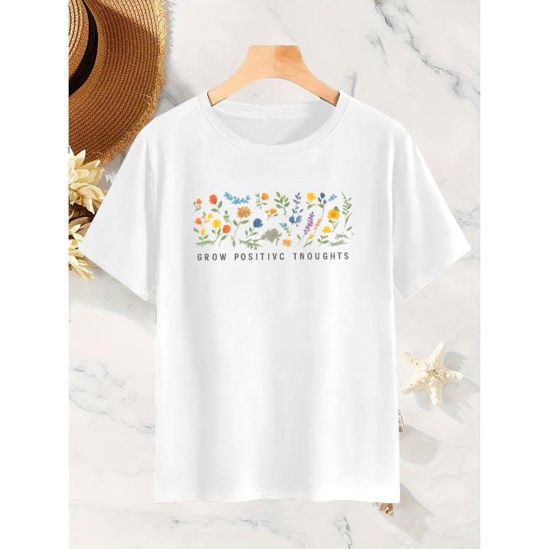 Women's Round Neck Short Sleeve T-Shirt Vibrant Wildflower Print Positive Thinking Growth Pattern Casual All-Season Top