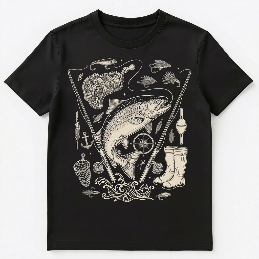 Fisherman Detailed Fish Tackle Compass Fishing Unisex T-shirt Tops Tees Unisex