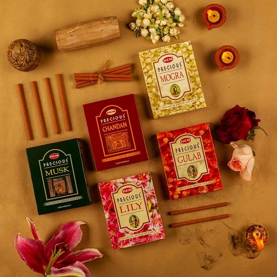 HEM Precious 5 Variant Assorted Incense Dhoop Sticks Set 60g Each Pack of 5