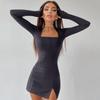 Ribbed Women Solid Long Sleeve Slit Mini Dress Square Collar Bodycon Sexy Streetwear Party Club Autumn Winter