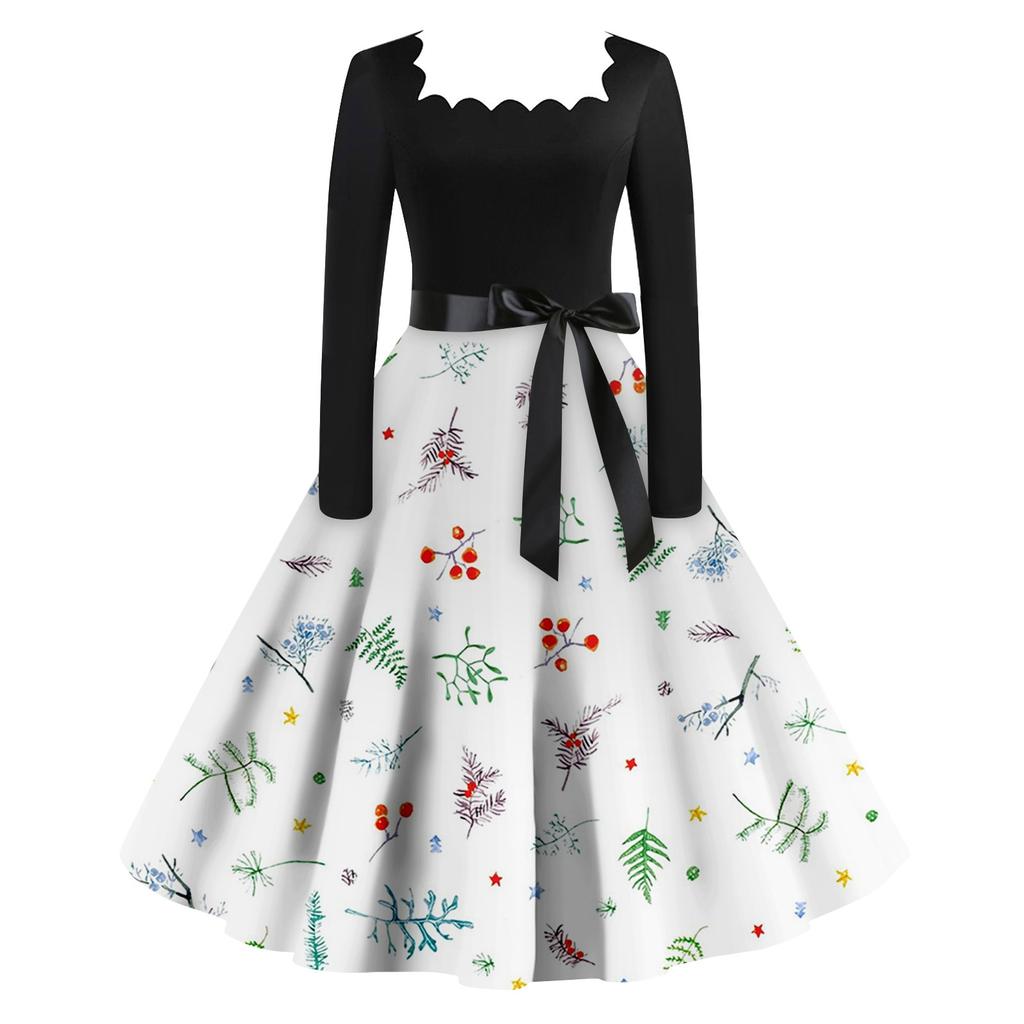 Women's Fashion Vintage Long Sleeve Square Neck Christmas Printed Evening Party Dresses Dresses