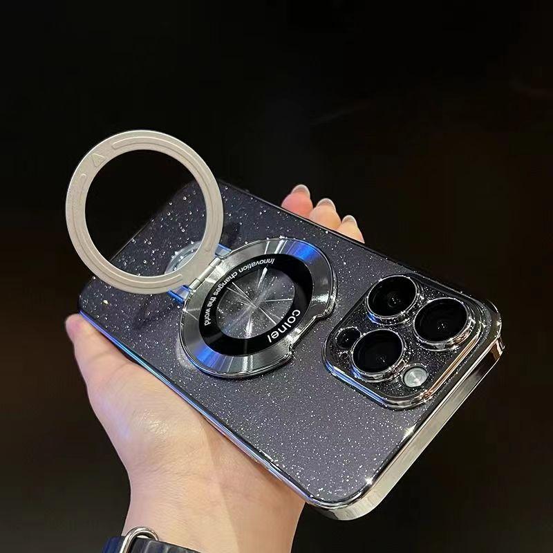 Металлический магнитный кронштейн для чехла для телефона iPhone 16 для Apple 15 Pro Гальванизированный ПК Глиттер Защитная крышка Прозрачный