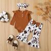 Infant Baby Girls Autumn Jumpsuit, Solid Color Ribbed Fly Sleeve Round Neck Romper + Leopard/Cow Flare Pants
