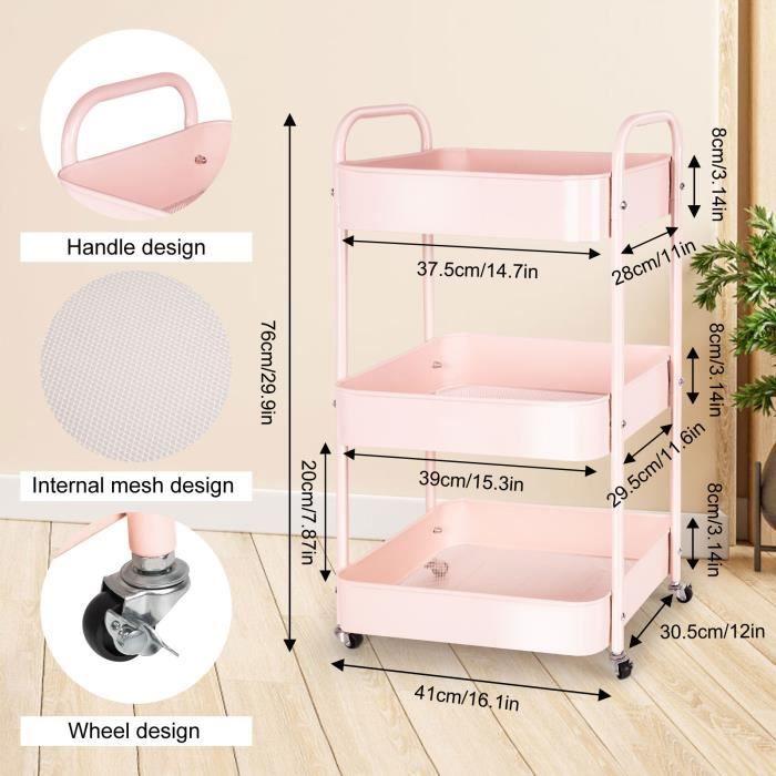 Chariot de rangement 3 niveaux rose, à roulettes et poignées, 41 × 30,5 × 76 cm — Cuisine / Buanderie