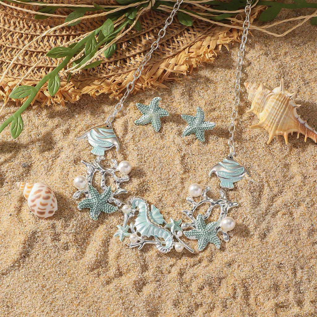 Эмалевый ювелирный набор «Морская звезда и ракушка» - Элегантное колье и серьги