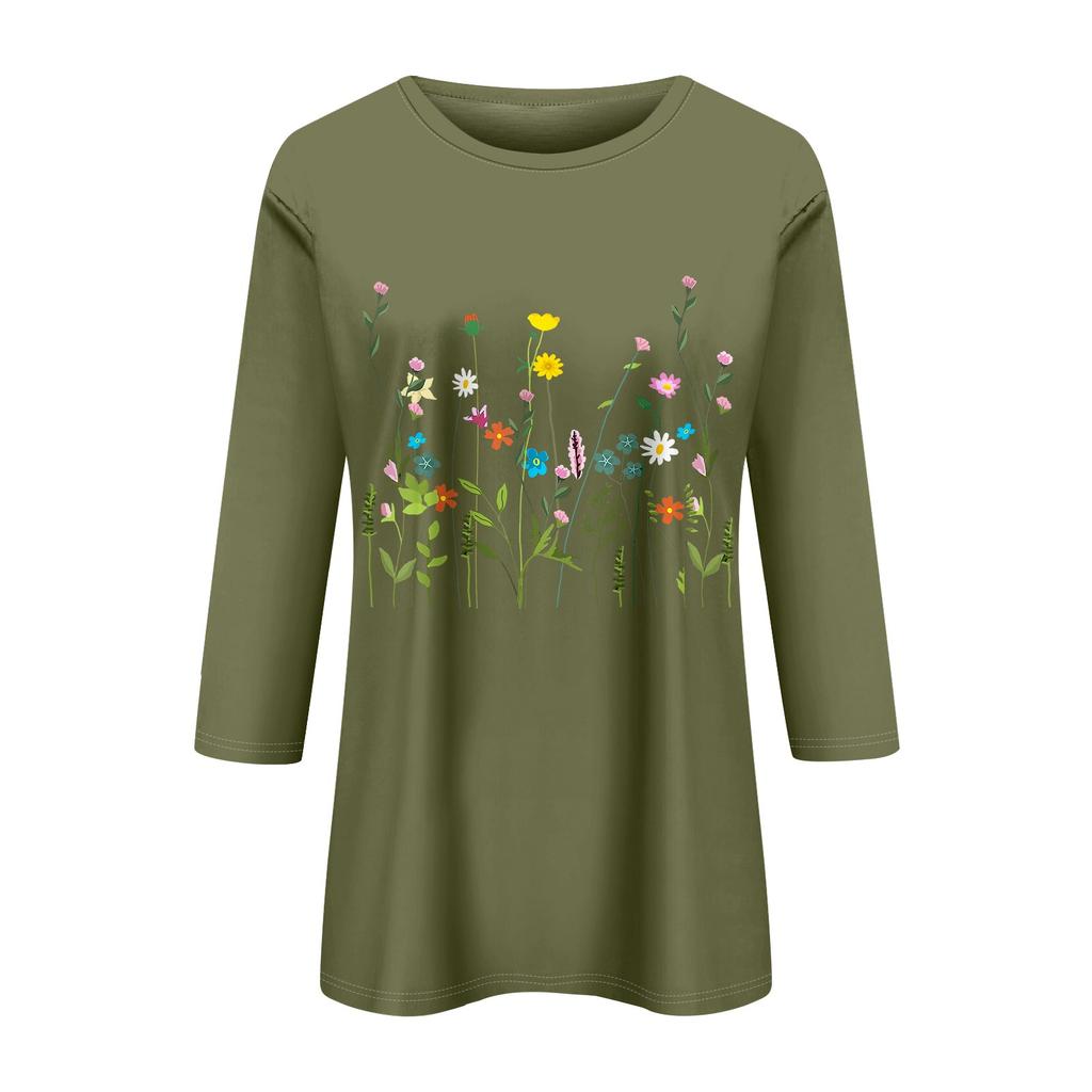 Women's Fashion Casual Printed Seven Sleeve Round Neck Top