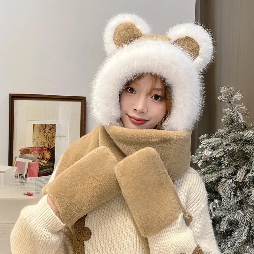 Rabbit Warm Hat Scarf Gloves Integrated Cute Autumn and Winter Stitch Plush Scarf Windproof Three-piece Female