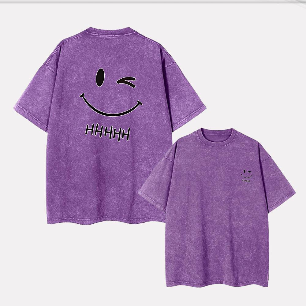 Улыбающееся лицо хахаха простая выстиранная футболка короткий рукав гендерно-нейтральная мужская и женская свободная одежда с принтом