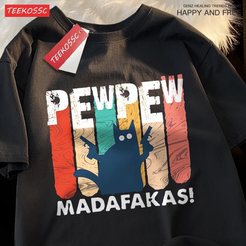 Pew Pew Madafakas Двойной пистолет Кот Мужская футболка Качественные футболки Летняя Оверсайз С коротким рукавом Одежда Хлопок Свободный Уличные Топы