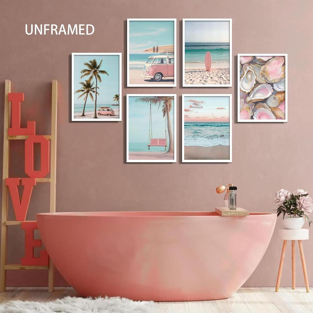 6Pcs Pink Coastal Beachy Wall Art Coastal Granddaughter Ocean Preppy Room Wall Decor Beach Aesthetic Paintings Pictures Posters Prints Artwork for