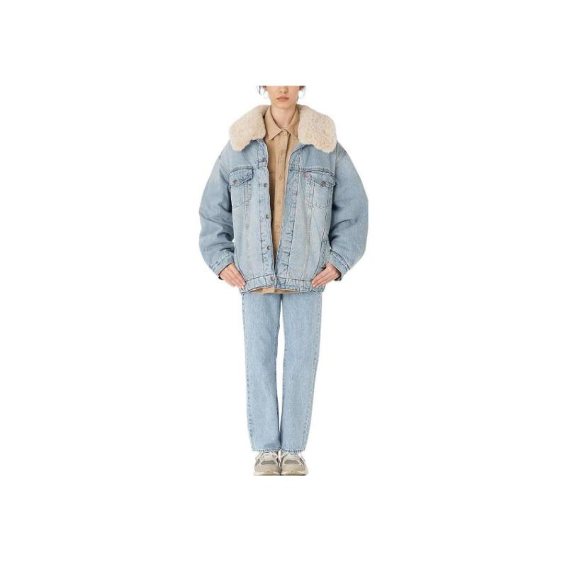 Levis Осень/Зима 2022 Повседневная Однотонная Джинсовая Куртка Свободного Кроя С Воротником Из Овечьей Шерсти Женские Куртки Синий A3484-0000