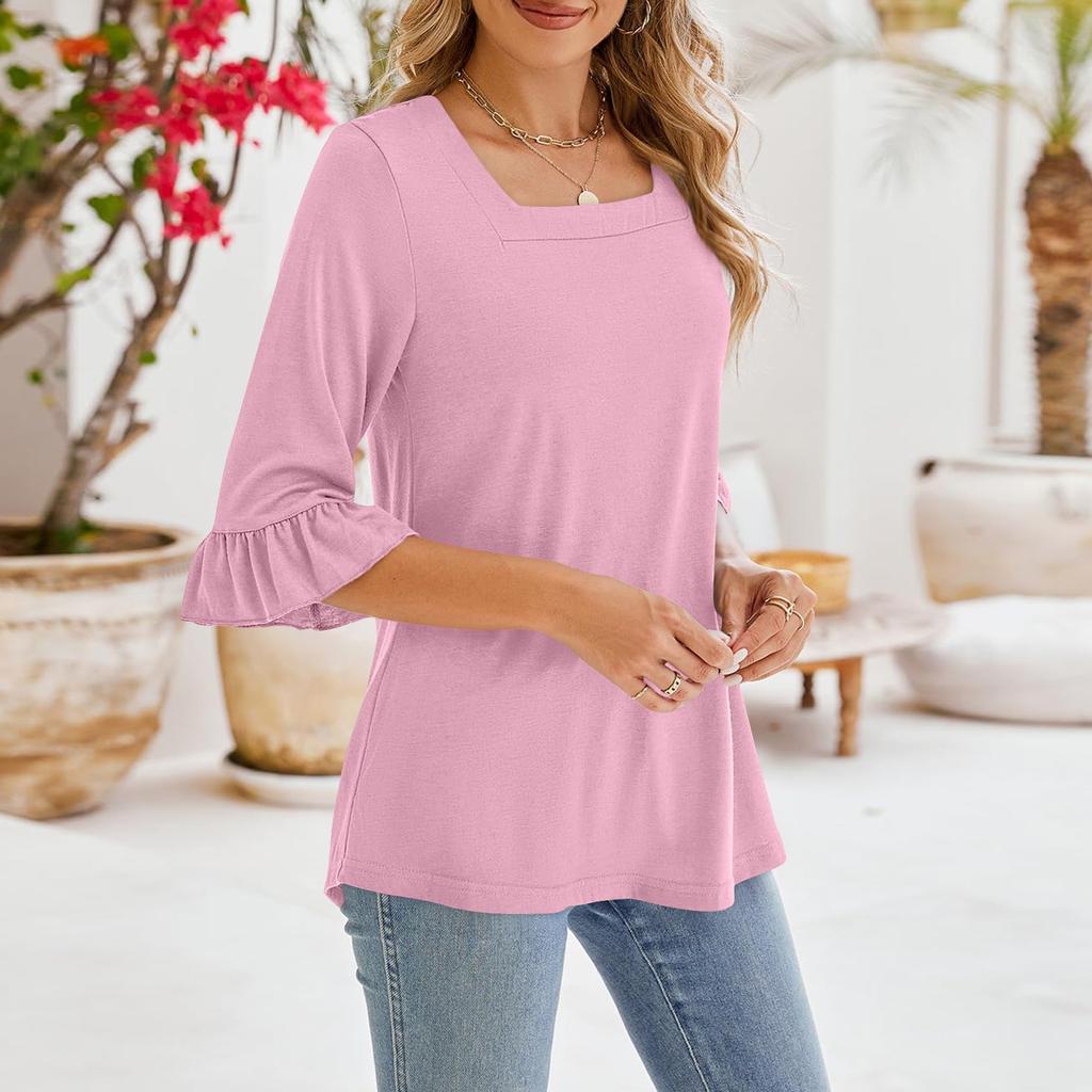 Women's Casual 3/4 Sleeve Tops Summer Square Neck T Shirts Ruffle Loose Fit Tunic Blouses