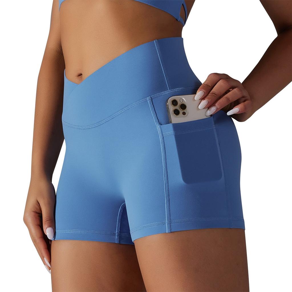 Women's Summer Cross V Waist Pocket Fitness Yoga Shorts Exercise Three Pants