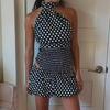 Топ-халтер в стиле ретро в горошек 2025 года + мини-юбка А-силуэта со шнуровкой и заниженной талией