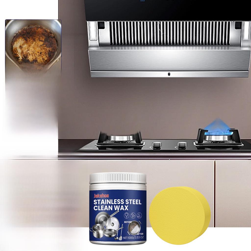 Паста для чистки нержавеющей стали 100 г с губкой. Чистящее средство для кухонных плит и посуды от стойких пятен и пригоревших остатков. Полироль для металла для кастрюль и сковородок.