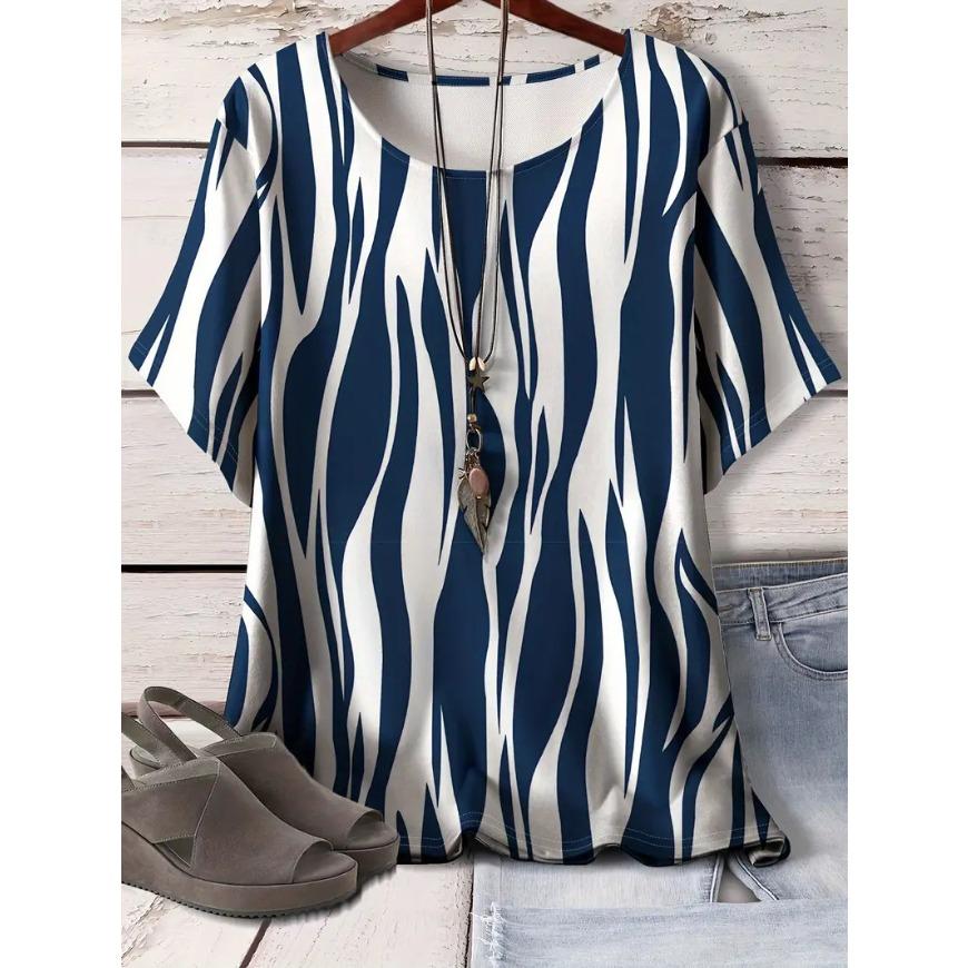 Плюс размер Лето Новый Модный Свободный 3D Печатный Полосатый Топ Для Похудения Футболка С Короткими Рукавами