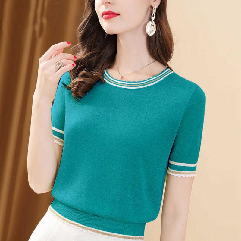 Футболка из ледяного шелка, женская футболка с короткими рукавами и круглым вырезом, яркий шелковый свитер, тонкая рубашка в западном стиле, соответствующая цвету
