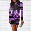 Long Sleeve Bodycon 3D Purple Rose Print Dress Women Mini Dresses Autumn Skinny Stretchy Party Vestidos