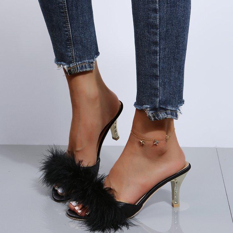 Fashion Sexy Pointed Toe Feather High Heel Sandals Decoration Stiletto Nightclub Women Shoes Open Toe Shoes Stripper Exotic Dance Wear