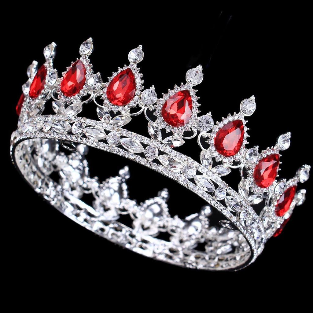 2" Height Silver/Gold Plated Crystal Rhinestone Ruby Full Circle Tiara Crown Bridal Wedding Jewelry Hair Accessories (Silver+red)