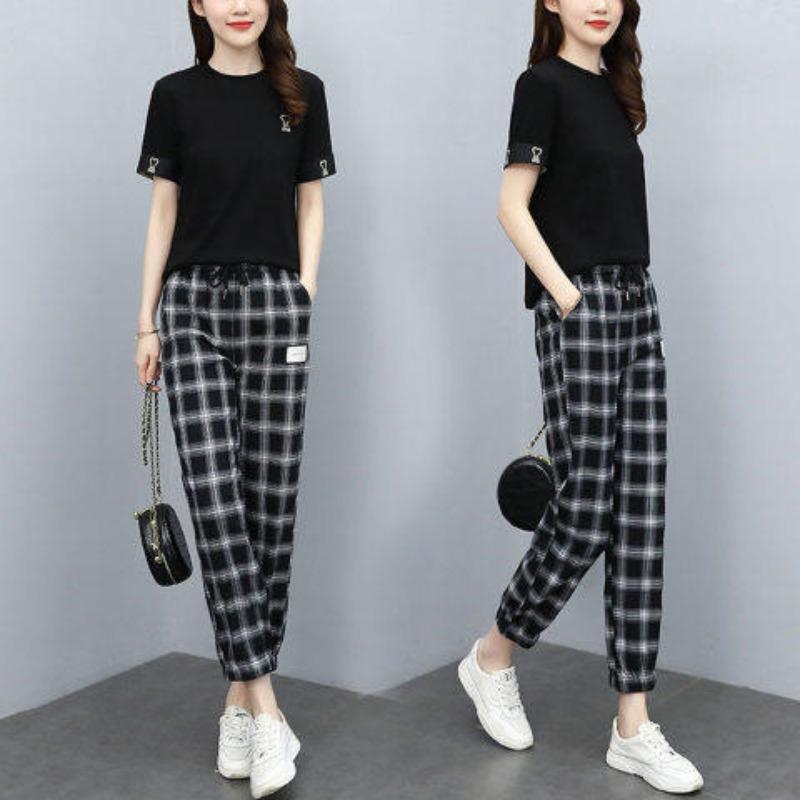 Новый летний повседневный женский двухсекционный клетчатый модный модный костюм для омоложения