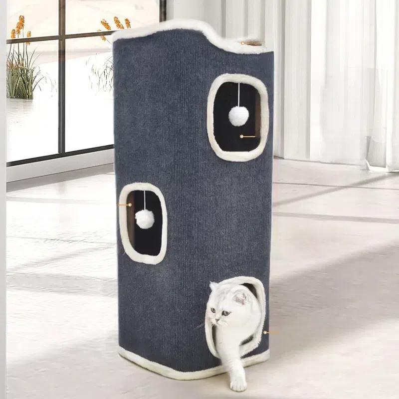 3-х уровневая кошачья кровать, домик для питомца, крытая пещера с мягким ковриком, большая укрытая палатка для кошек с подвесным пушистым мячом