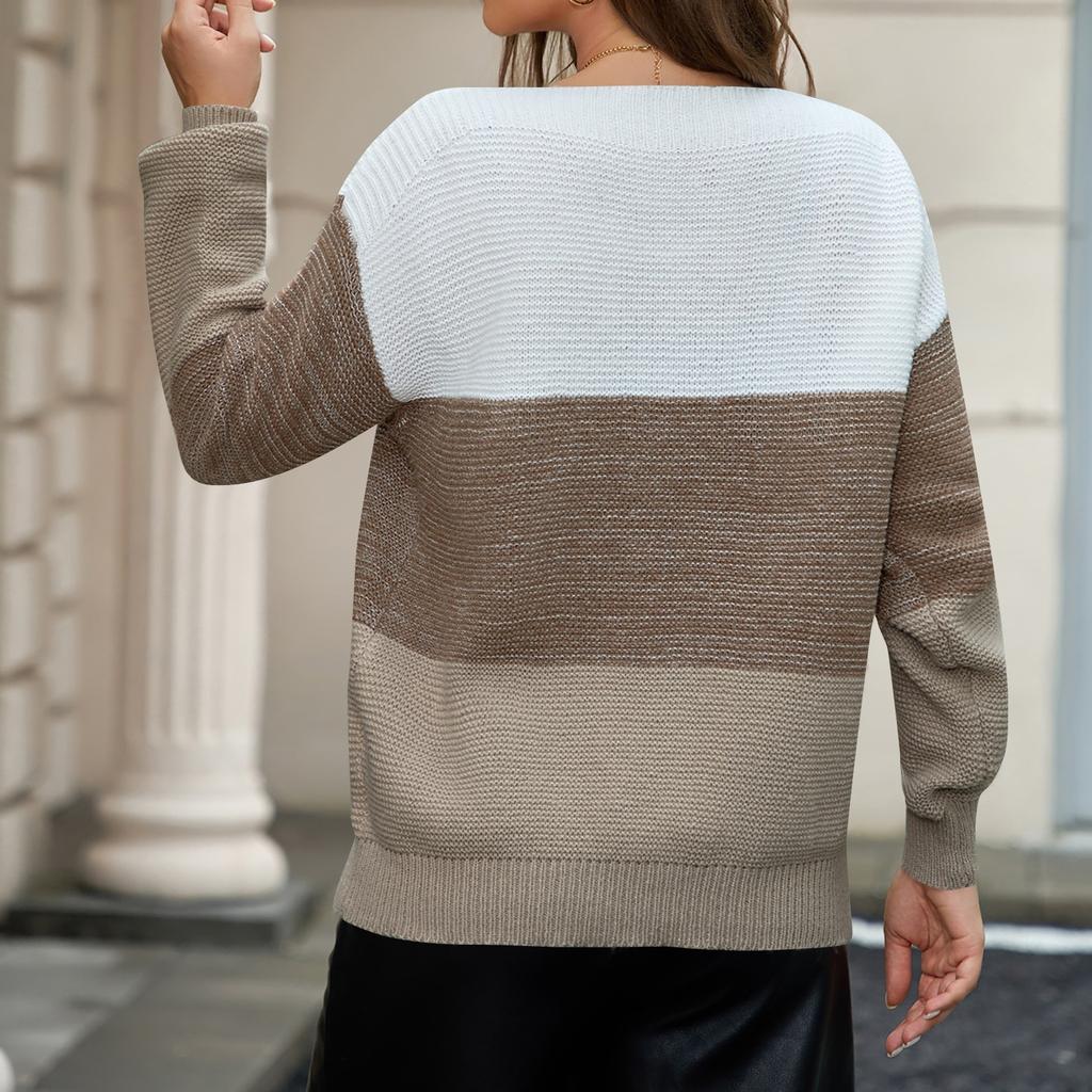 Женский пуловер, легкий вязаный свитер с круглым вырезом и длинным рукавом, цветной блок, с заниженной линией плеч