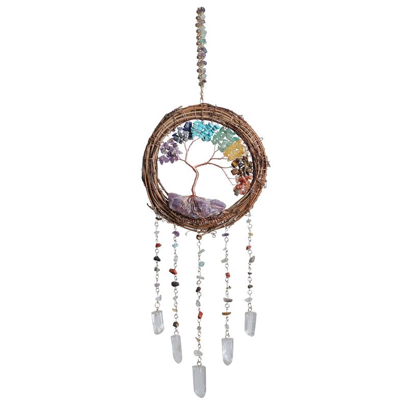 Handmade Natural Wood Vine Ring Christmas Wreath with Crystal Stone Wind Chime Children's Room Bedroom Craft Decoration Pendant