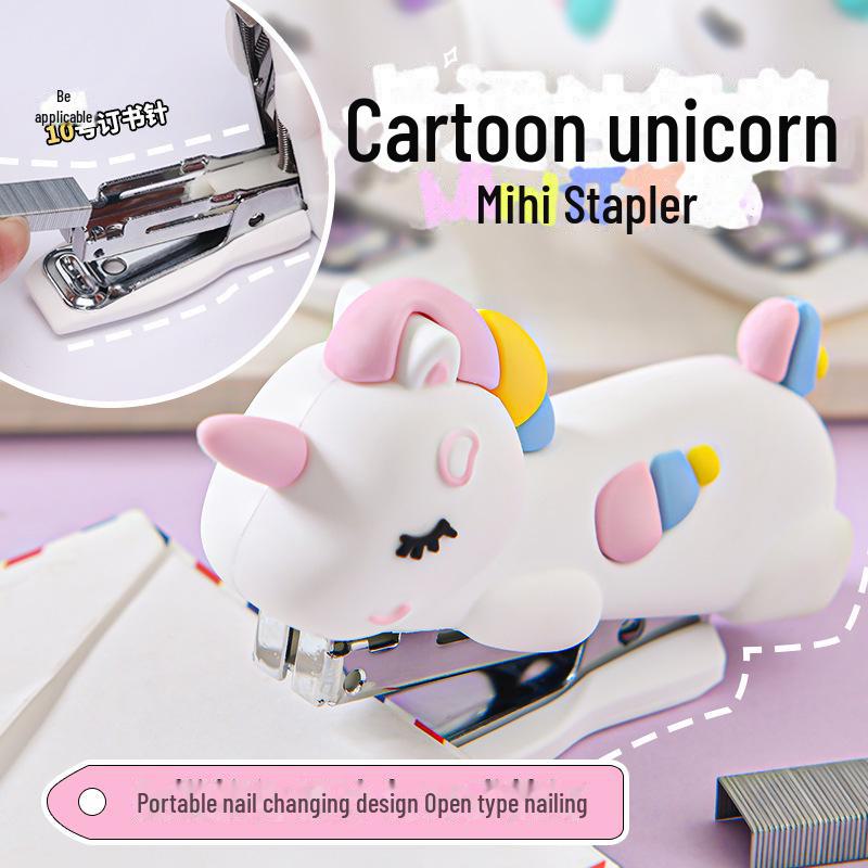 Creative Cartoon Unicorn Mini Stapler - Cute Macaron Colors, Student Stationery, Labor-Saving Binding Machine