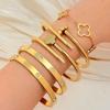 Gold Stainless Steel Bracelet Set with Nail and Clover Design - European and American Style Bangles