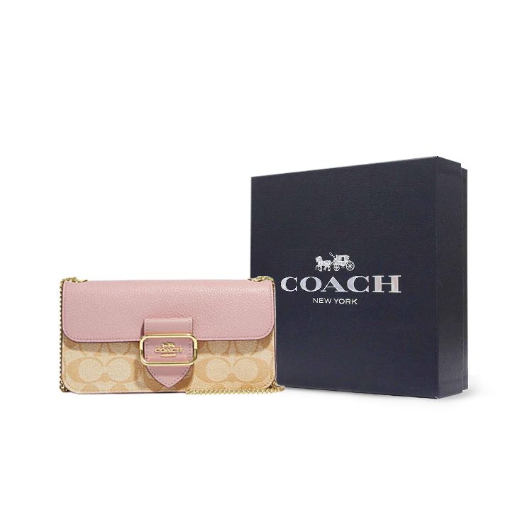 Coach Morgan 20 Classic Monogram Print Flap Crossbody Bag Women crossbody bag Khaki Pink CE693-IMV3C