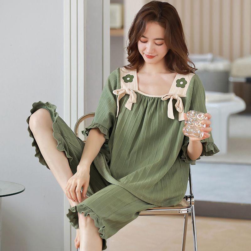 Capris Short Sleeved Pajamas for Women In Summer Cotton Cartoon Cute Casual Home Clothing Set