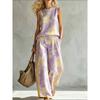 Crew neck top wide leg pants two-piece set women's casual suit European and American summer new rainbow tie-dye sleeveless