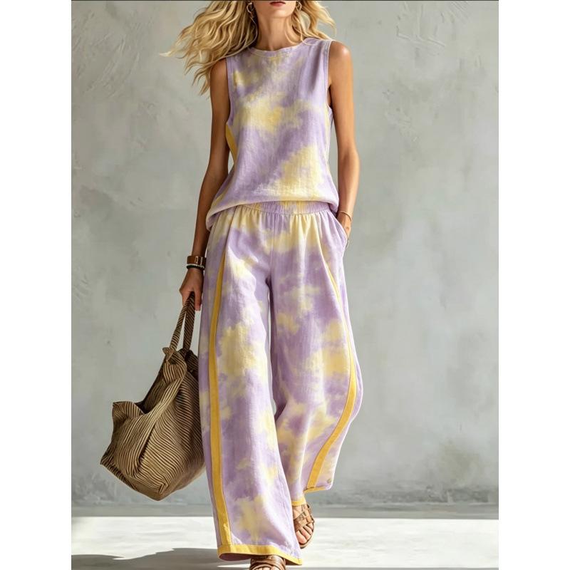 Crew neck top wide leg pants two-piece set women's casual suit European and American summer new rainbow tie-dye sleeveless