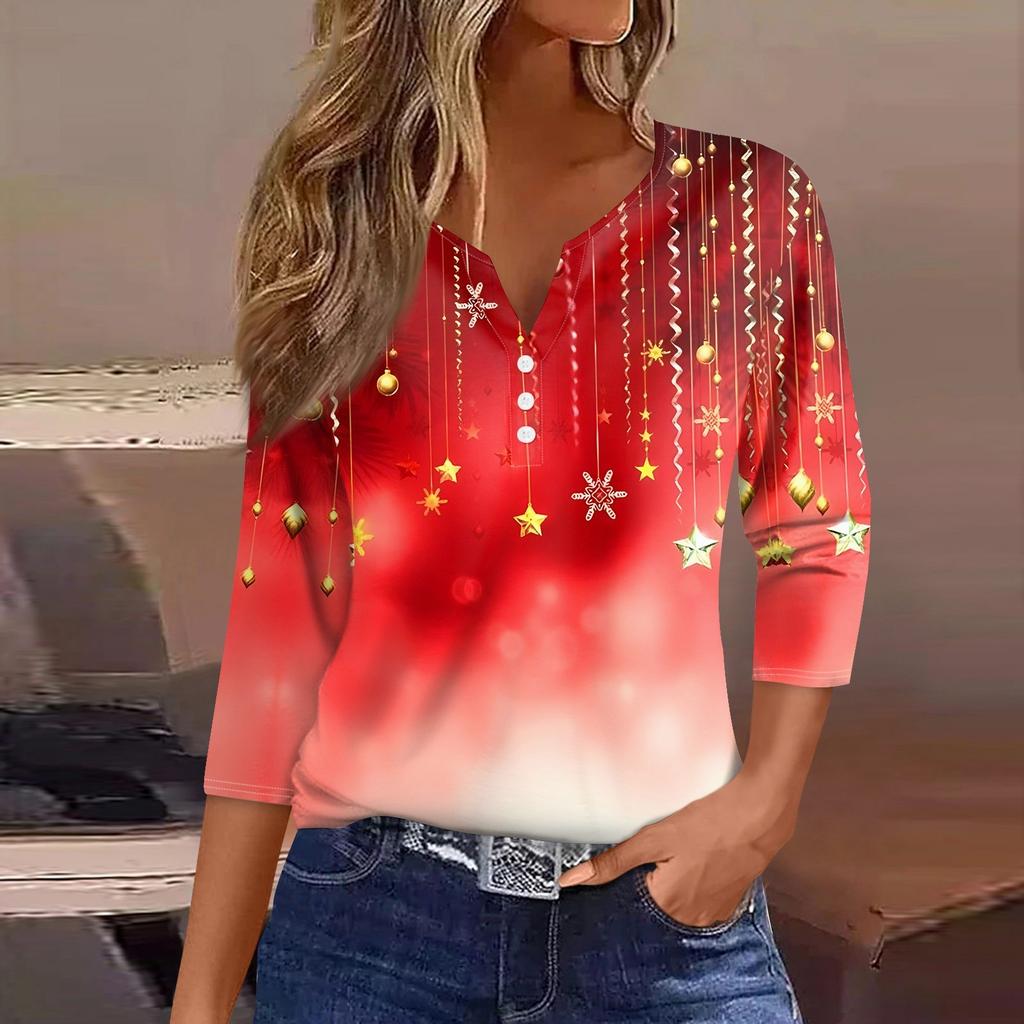 Женская футболка с рождественским принтом, на пуговицах, рукав 3/4, повседневная мода на выходные, базовый топ с V-образным вырезом